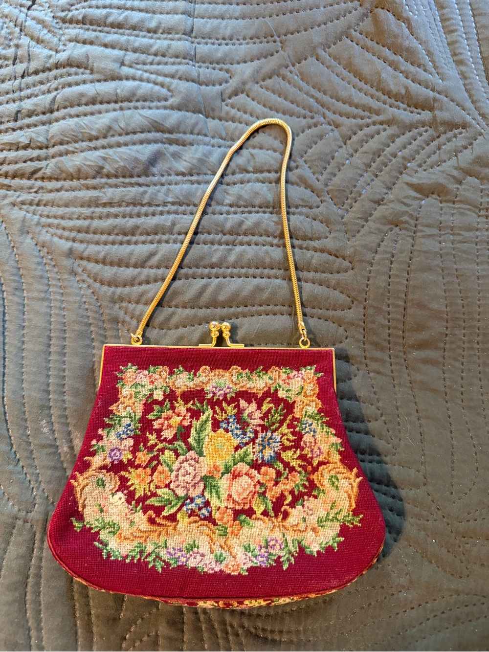Burgundy Floral Needlepoint Clutch with Gold Frame